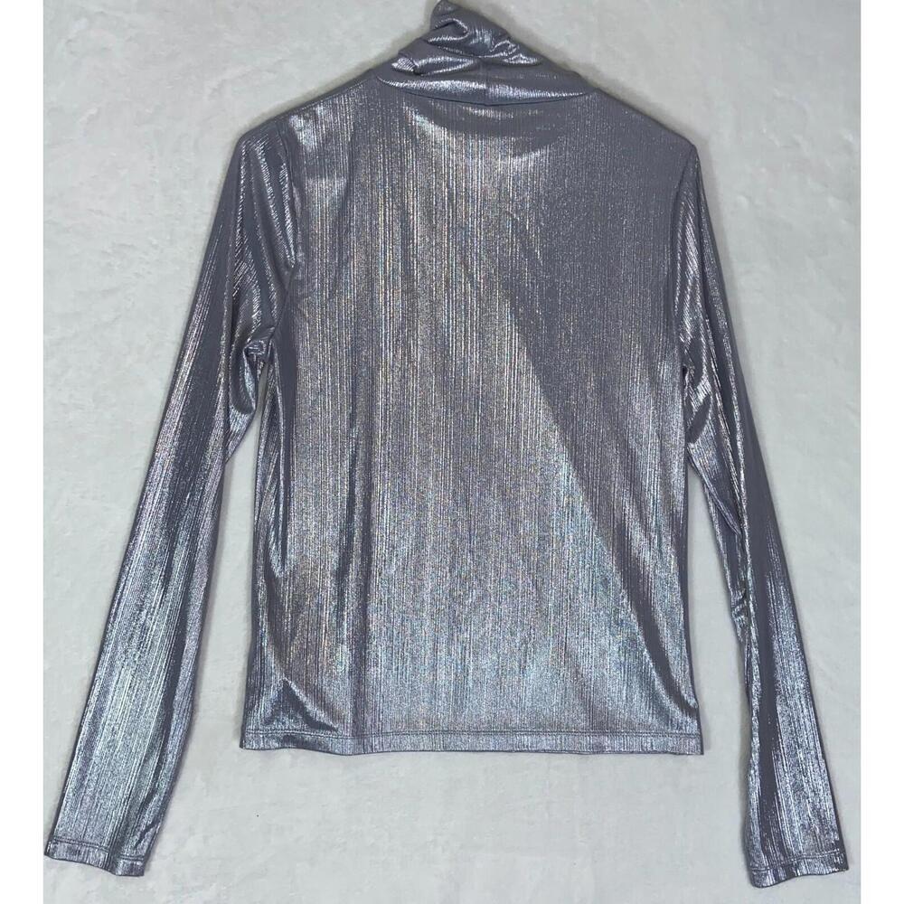 Kate Spade New York Silver Metallic Stretch Shirt Poly Blend Medium Turtleneck - Picture 8 of 9